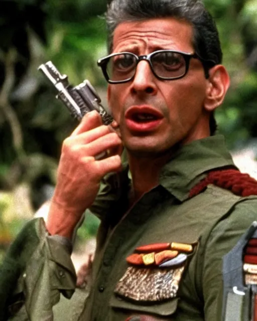 Prompt: Jeff Goldblum as Jeff Goldblum as Major Dutch in Predator (1987), movie still