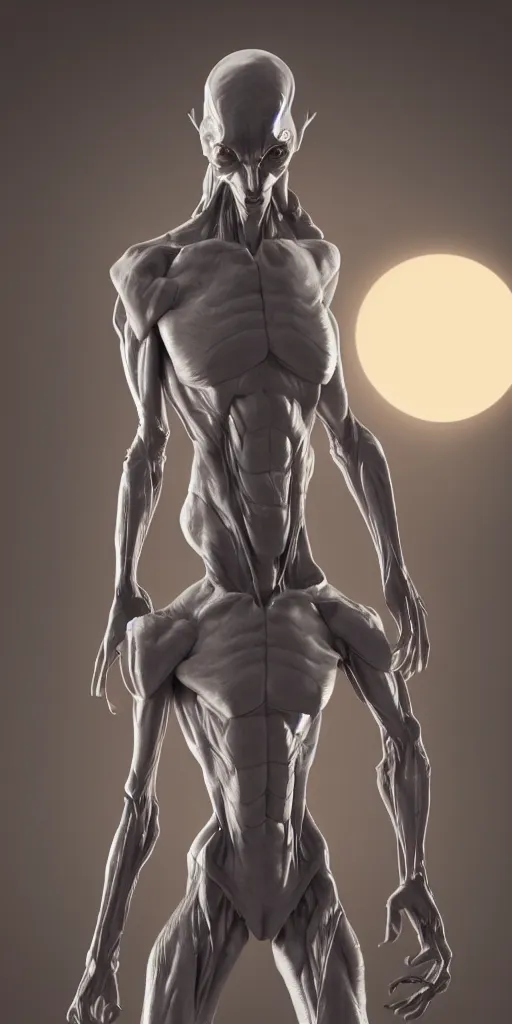 Image similar to Tall grey alien creature, dramatic lighting, very detailed, electrical details, high details, 4k, 8k, trending on artstation, by Hajime Sorayama and Paolo Eleuteri Serpieri