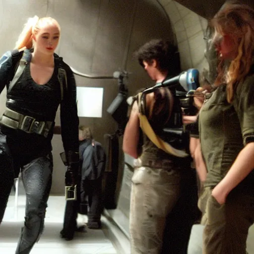 Image similar to sophie turner as starbuck from battlestar galactica 2 0 0 3, behind the scenes photo