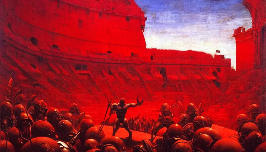 Image similar to only with red, a lightly armored gladiator in a crowded roman amphitheatre, crowd cheering, in the style of beksinski and edward hopper and rodcenko and yue minjun and rolf armstrong, intricate and epic composition, red by caravaggio, highly detailed, masterpiece, red light, artstation