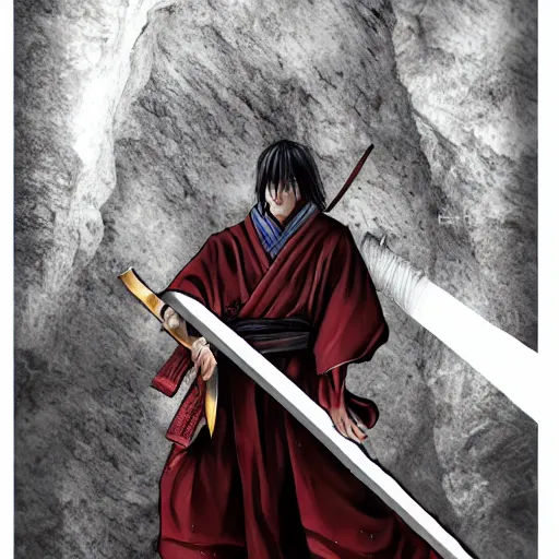 Image similar to samarai cloaked in white with swords, standing in light beam of a dark cave, ruby red sorrow, high quality, ultra detail.