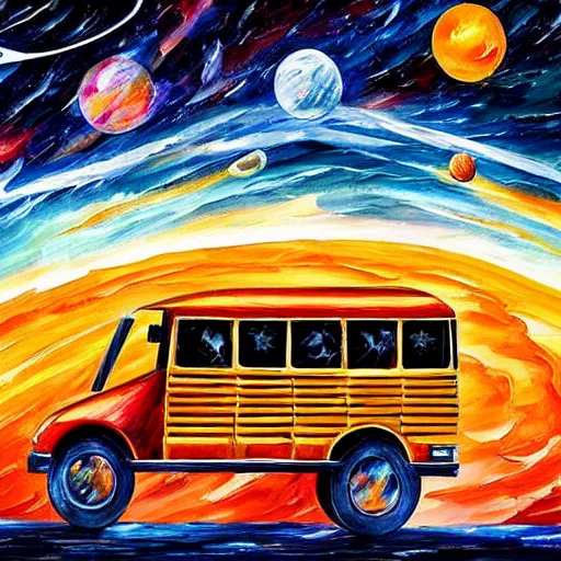 Image similar to school bus, on mars, school bus on mars, earth in the background, shooting stars, nebula, drawn by Leonid Afremov