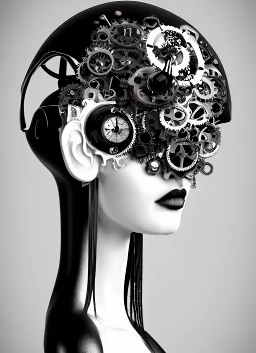 Image similar to black and white dreamy profile face portrait, one silver steampunk eye biomechanical beautiful angelic young female cyborg - robot - doll bust, body ribs meshes,, volumetric light, hibiscus flowers, rim light, big gothic fashion pearl embroidered collar, 1 9 3 0, 8 k