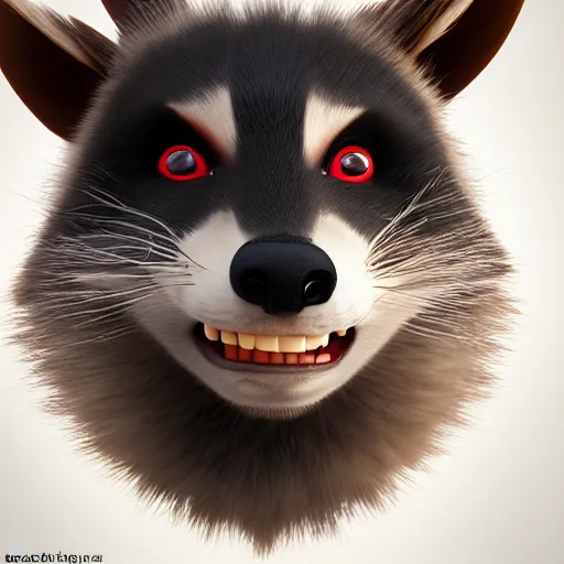 Image similar to portrait of a smiling devious racoon, dramatic lighting, 3d rendered in octane, trending on cgsociety,