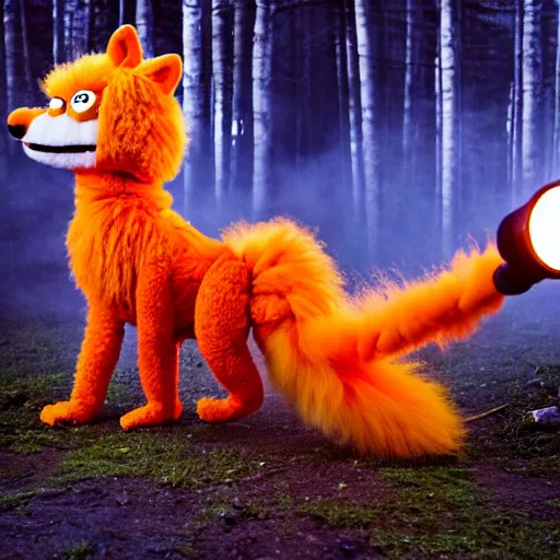 Prompt: a large orange fox kitsune two tailed muppet wearing a hooded cloak holding a lit torch and herding a bunch of random muppet animals following behind through a dark foreboding misty blue forest at night, sesame street, photograph, photography, ultrarealistic, national geographic