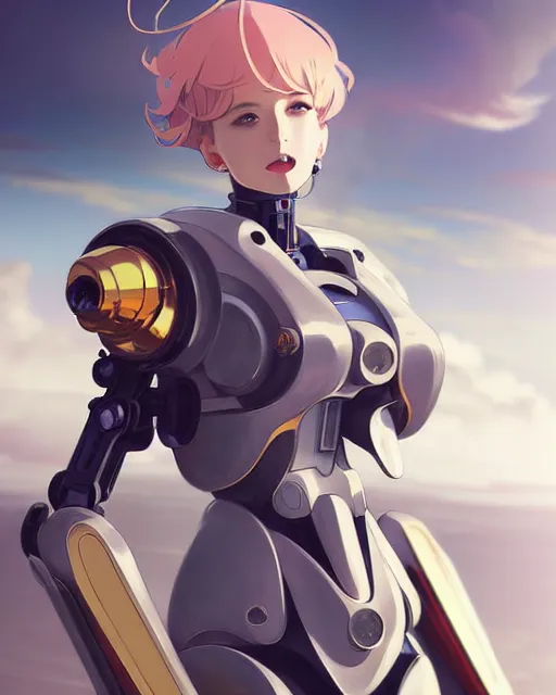 Image similar to beautiful delicate imaginative streamlined mecha anime elegant futuristic close up portrait of a pilot female sitting with elegant piercing deadly looks, armor with gold linings by ruan jia, tom bagshaw, alphonse mucha, futuristic buildings in the background, epic sky, vray render, artstation, deviantart, pinterest, 5 0 0 px models