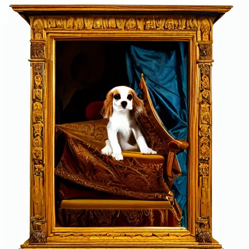 Prompt: a cavalier king charles sitting on a royal medieval throne, renaissance painting, in the style of rococo