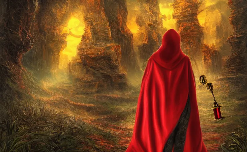 Image similar to red hooded mage holding a golden bell by the gate to the 7 th realm, mindblowing, landscape art, ominous,