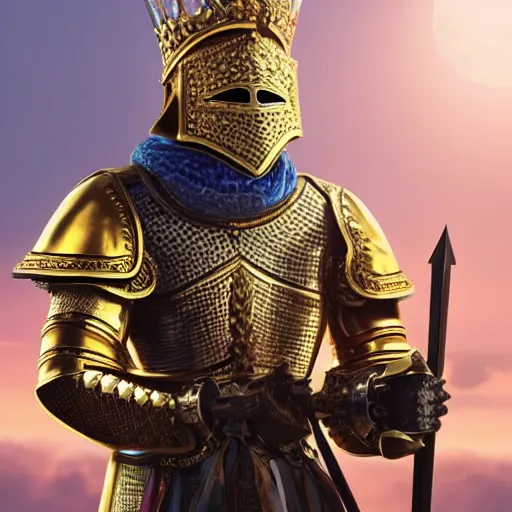 Image similar to a highly detailed knight in a T golden helmet and a golden crown with a blue diamond in the center of the crown, golden armor, leather clothes under the armor, leather gloves, holds a black sword, artstation, DeviantArt, professional, octane render, sunset lighting