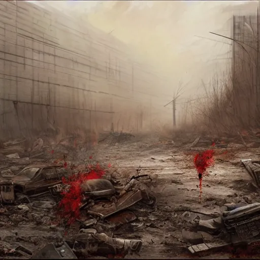 Image similar to hyper realism, realistic apocalyptic war scene, brown and red tones, dense fog