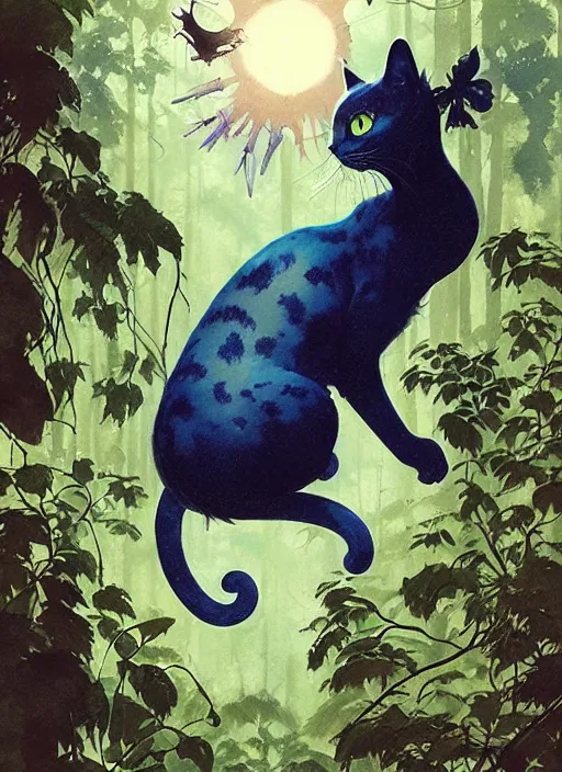 Image similar to a hyper realistic ink cat alien technology and sunbeams blue sky, lush forest foliage painting by chiara bautista and norman rockwell and greg rutkowski weta studio, and lucasfilm