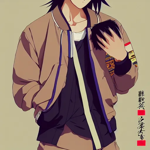 Image similar to a beautiful japanese male! gravure model, wearing oversized native designer bomber jacket and leotard with overalls, bulky poofy bomber jacket with mesoamerican patterns, mesoamerican native street fashion, gapmoe yandere grimdark, trending on pixiv fanbox, painted by greg rutkowski makoto shinkai takashi takeuchi studio ghibli, akihiko yoshida