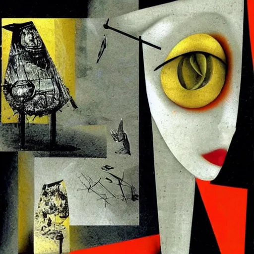 Image similar to a naive woman with a memory that survives the reset of the world, and a small robot bird on her shoulder, collage artwork by dave mckean and roberto matta