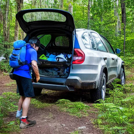 Prompt: hiker unloading the car before camping, style by roman shipunov