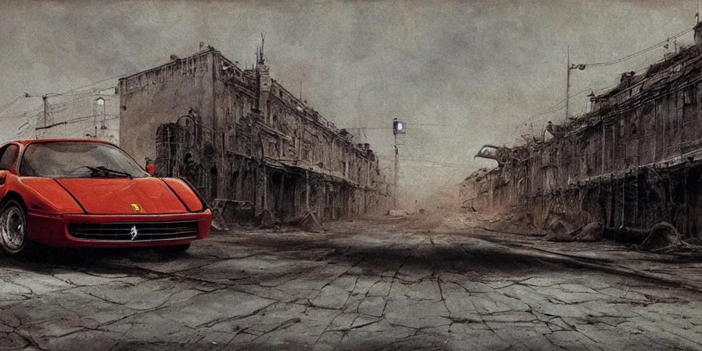 Prompt: ferrari in full speed in a empty street, mad max, kieth thomsen, zdzislaw beksinski