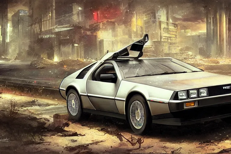 Image similar to photograph of the delorean, with a sleek spoiler, driving down the streets of a cyberpunk abandoned city, by greg rutkowski, by stanley artgerm, by alphonse mucha