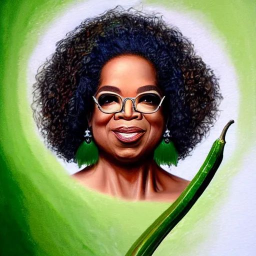 Image similar to a dish of oprah winfreys face fused with okra veg with green stalky ( ( green oprah winfrey's face ) ), okra shaped stalk nose, oprah okra winfrey sentient veg, by greg rutkowski