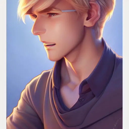 Image similar to young man with short, ash blond hair, path traced, highly detailed, high quality, digital painting, by don bluth and ross tran and studio ghibli and alphonse mucha, artgerm, 4 k, fantasy painting, sylvain sarrailh