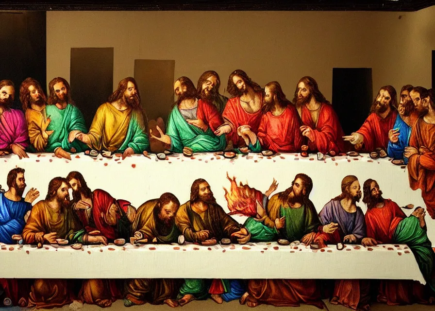 Image similar to the last supper painting half burned, half on fire