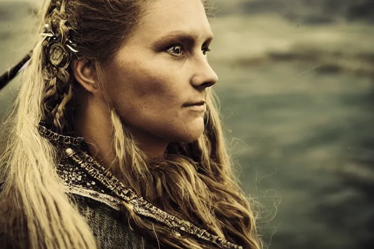 Prompt: portrait of a beautiful Viking woman By Emmanuel Lubezki