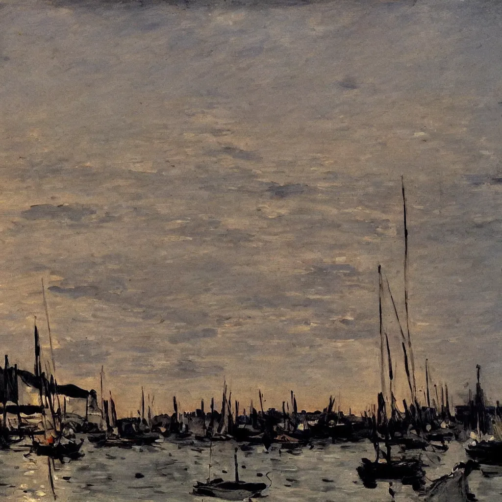 Prompt: dusk Harbour, painting by Manet