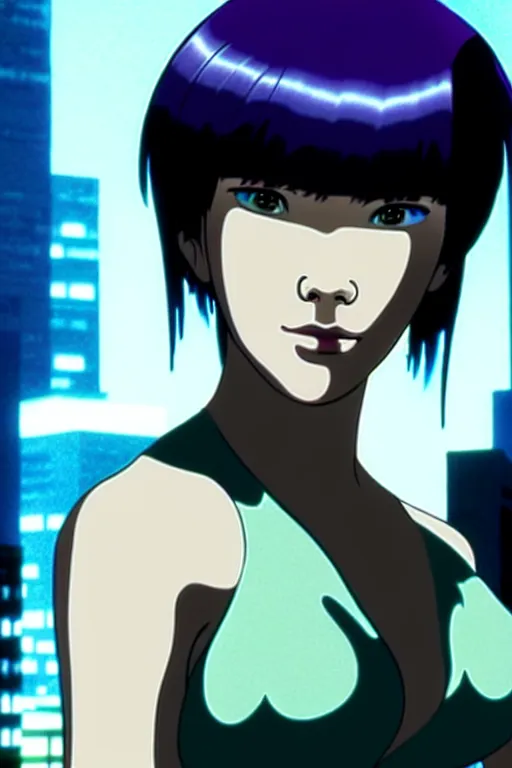 Prompt: long shot from the film ghost in the shell, style of yoshii chie, cinematic, highly detailed
