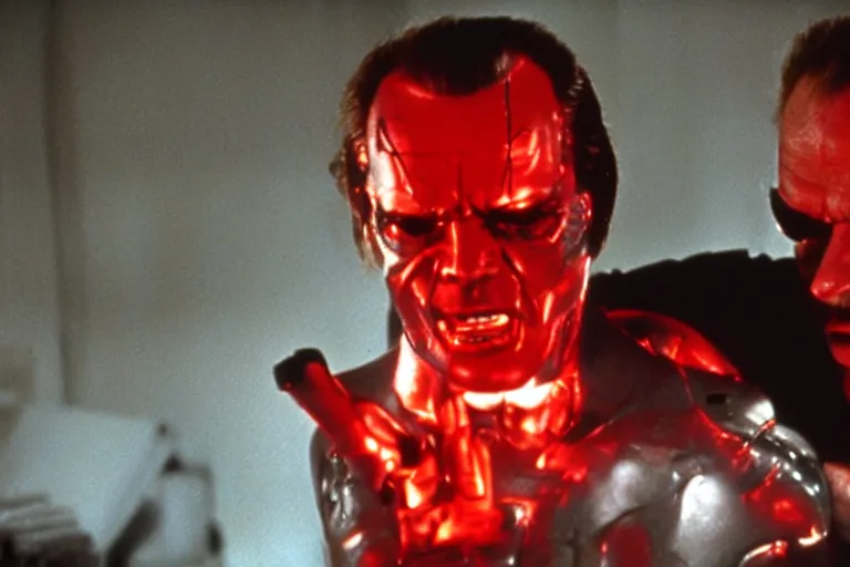 Image similar to Jack Nicholson plays Terminator, his one yes glow red, he is injured, still from the film