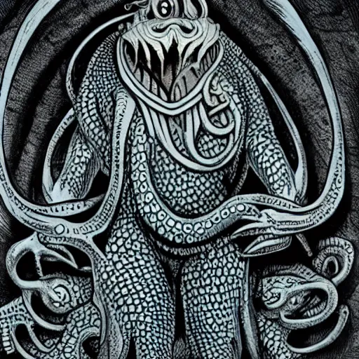 Prompt: Fish men worship a statue of Cthulu in a dark cave. D&D. Beskinski, Peter Mullen.