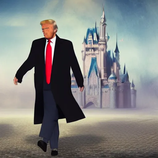 Image similar to Donald trump walking, perfect fces. | background = fantasy art landscape, fantasy city, fantasy kunst, fantasy castle, fantasy house, architecture mystery, artstation, house illustration