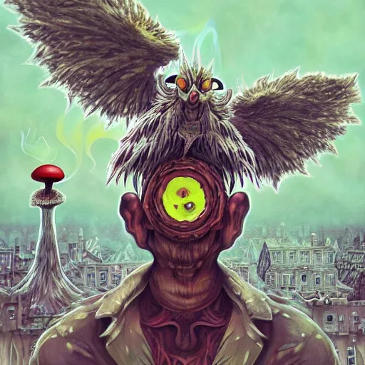 Image similar to 8K Portrait of centered chest up of a psychedelic godlike mothman with giant mandala wings smoking a hand-rolled cigarette smoking heavily , magic mushroom village in background , post-processing , award winning. superb resolution. in the art style of junji Ito and greg rutkowski . Detailed Mushroom city in background. Hyper realistic anime. Perfect art. Dalle2