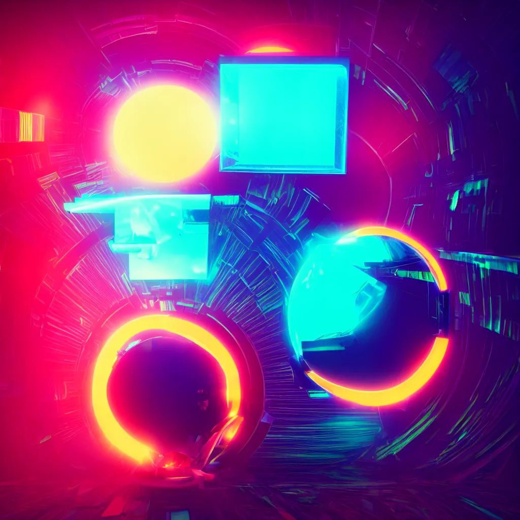 Prompt: warped mirror with neon frame in black hole in cube, psychedelic, futurism, atmospheric, colorful fog, shiny background, cyberpunk, octane render, ultra detailed, 8 k