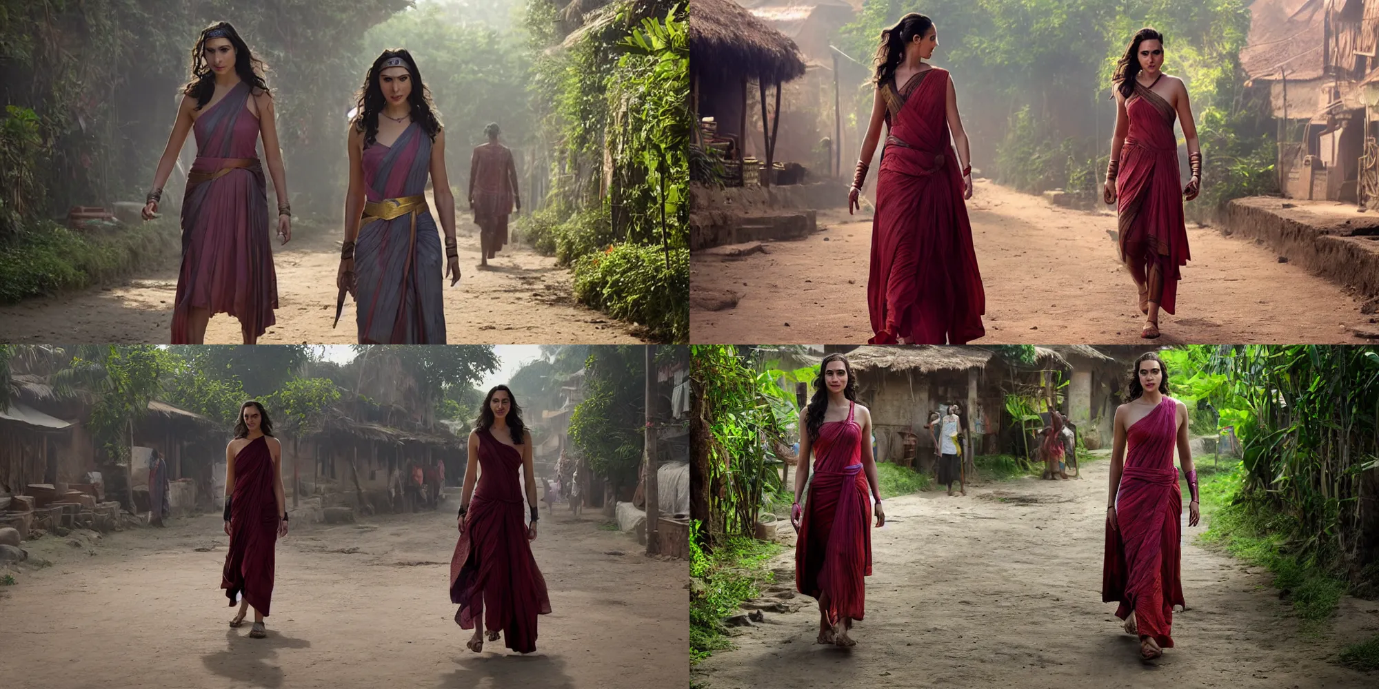 Prompt: gal gadot walking in the steets of a kerala village, cinematic, ultra realistic, soft colors, volumetric lighting, hdr