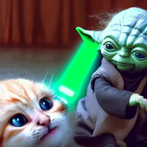 Image similar to Jedi master yoda playing with a kitten 8k