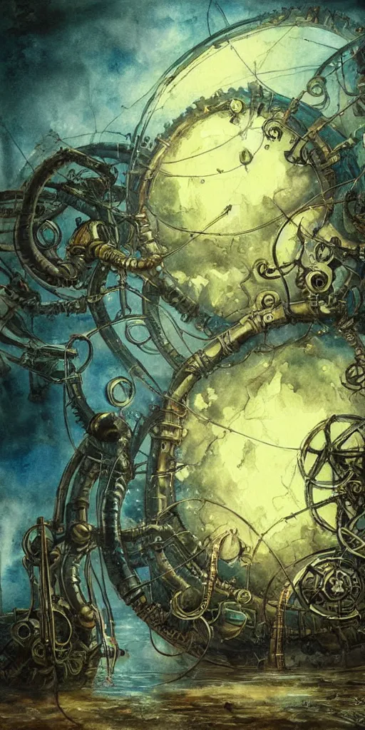 Prompt: a lovecraftian expressive water colour of a steampunk planet by josep tapiro baro in the style of romanticism art, dynamic lighting