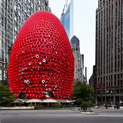 Image similar to a building shaped like an amanita muscaria in the New York skyline