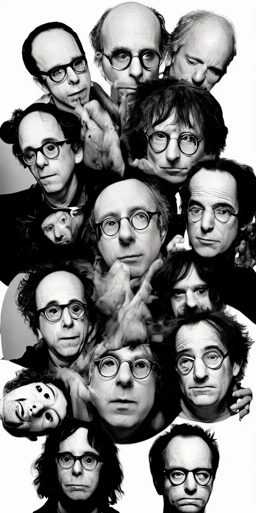 Image similar to award winning photo of todd solondz charlie kaufman larry david syd barret john zorn mike patton smoking, vivid colors, scary, symmetrical face, beautiful eyes, studio lighting, wide shot art by Sally Mann & Arnold Newman