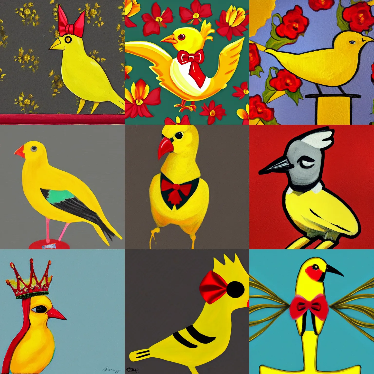 Prompt: an elegant yellow bird!!! wearing a crown and a red bow tie, painting in the style of Grand Theft Auto V, very very beautiful, high quality, detailed, 4k, smooth