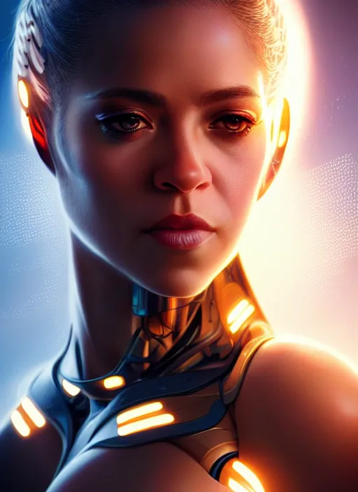 Image similar to portrait of female cyborg, shakira, intricate, elegant, glowing lines of light, highly detailed, digital painting, artstation, glamor pose, concept art, smooth, sharp focus, illustration, epic angle, art by artgerm and greg rutkowski, artey freytag