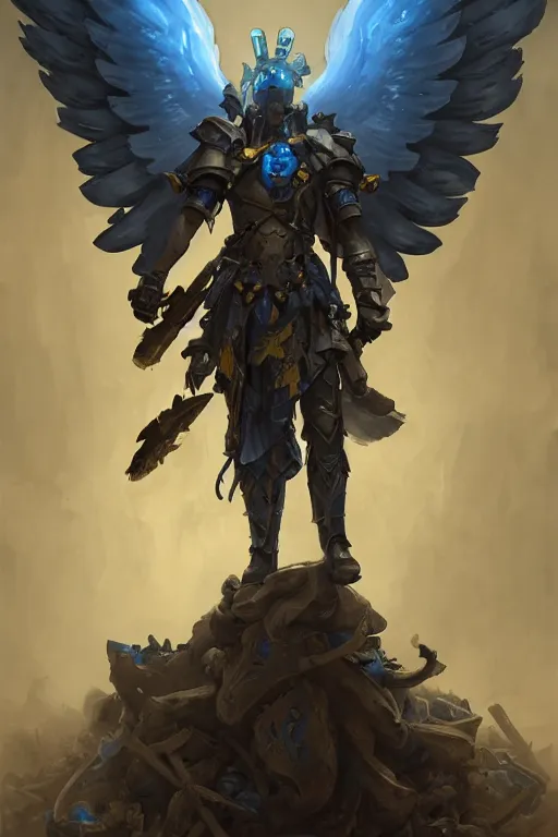 Prompt: A ghost soldier with angel wings with a blue and yellow flag behind him standing on a pile of skulls in triumph after the battle, D&D, fantasy, intricate, elegant, highly detailed, digital painting, artstation, concept art, matte, sharp focus, illustration, hearthstone, art by Artgerm and Greg Rutkowski and Alphonse Mucha