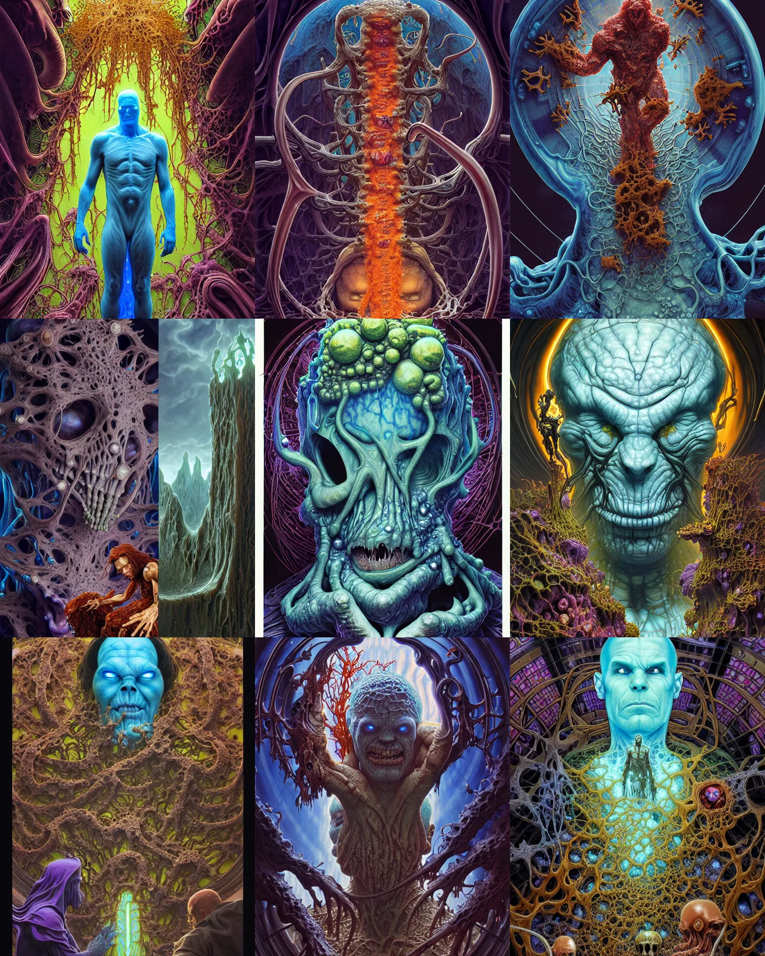 Prompt: the platonic ideal of slime mold mandelbulb of cletus kasady ultimate carnage thanos dementor doctor manhattan chtulu nazgul, detailed, intricate, hyperrealism, intense, scary, decay, dmt, art by brock hofer and artgerm and greg rutkowski and alphonse mucha