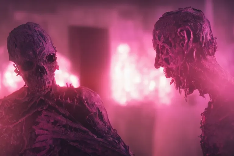 Prompt: vfx film closeup, retrowave necromancer, flat color profile low - key lighting award winning photography arri alexa cinematography, hyper real photorealistic cinematic, atmospheric cool colorgrade