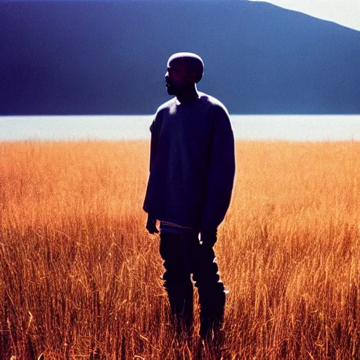Prompt: an extreme wide shot of a Kanye West standing in a field of dead grass holding a glowing white orb next to a lake, far away, vintage photo, film grain, cold