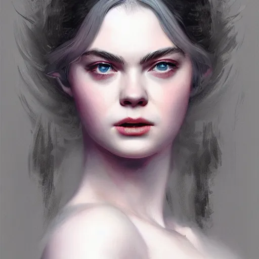 Prompt: head and shoulders portrait of modern darna, elle fanning in dark souls, intricate, elegant, dark vibes, highly detailed, digital painting, artstation, glamor pose, concept art, smooth, sharp focus, illustration, art by wlop, mars ravelo and greg rutkowski