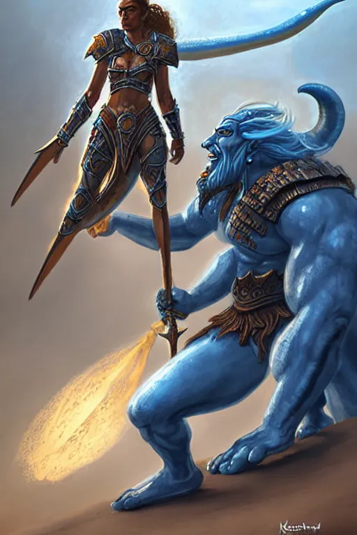 Prompt: a small blue-skinned triton girl wearing scale armor riding on a the shoulders of a large male goliath wearing fur and leather armor, dnd concept art, painting by keith parkinson