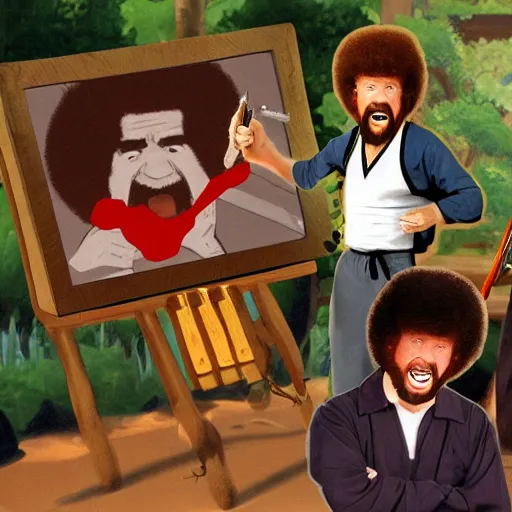 Image similar to bob ross screaming at ninjas