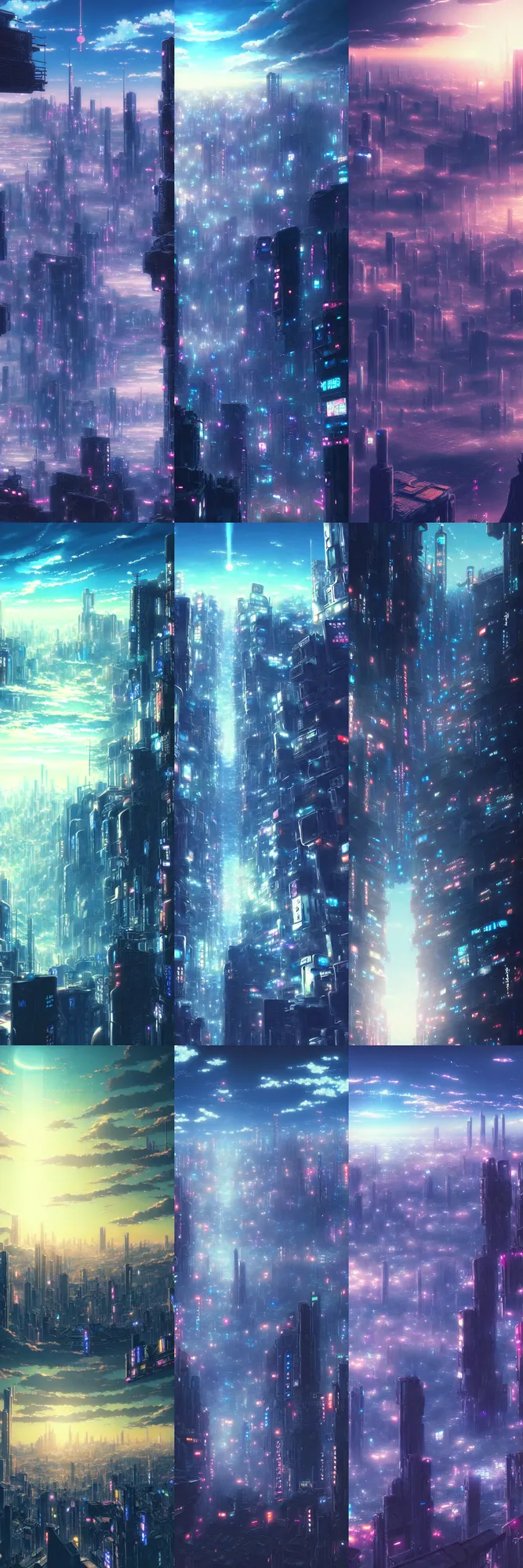 Prompt: a detailed intricate matte painting of the sky above a futuristic cyberpunk Tokyo city in the makoto shinkai anime film kimi no ka wa, a city and highrise buildings, background art, high resolution ultradetailed, HD wallpaper