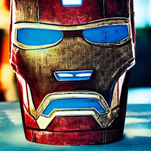 Image similar to a closeup photorealistic photograph of an iron man style tiki mug at a trader vic's beach bar featuring the face of iron man. tiki party. bright scene. fine detail. this 4 k hd image is trending on artstation, featured on behance, well - rendered, extra crisp, features intricate detail, epic composition and the style of unreal engine.