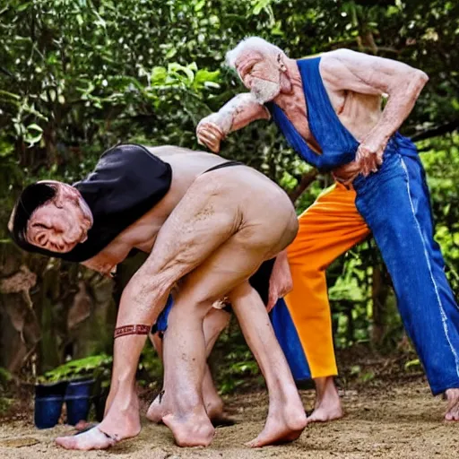 Image similar to naruto fighting old man, backyard wrestling, intricate complexity, extremely detailed, very sharp,