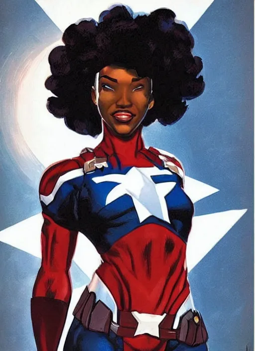 Image similar to beautiful black female captain america. afro - feminist captain america wins wwii. american wwii propaganda poster by james gurney, rob liefeld and pixar. gorgeous face. overwatch, realistic. black power