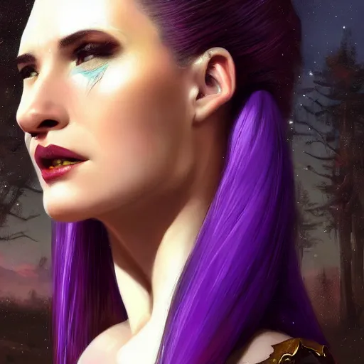 Image similar to beautiful close up portrait vampire purple ponytail, crystal armor, elegant, detailed. epic cinematic hyperrealism masterpiece. realistic poster with shaded lighting by craig mallismo, artgerm, jeremy lipkin and michael garmash, unreal engine, radiant light, detailed and complex environment, digital art, art station trends, detailed faces, detailed eyes